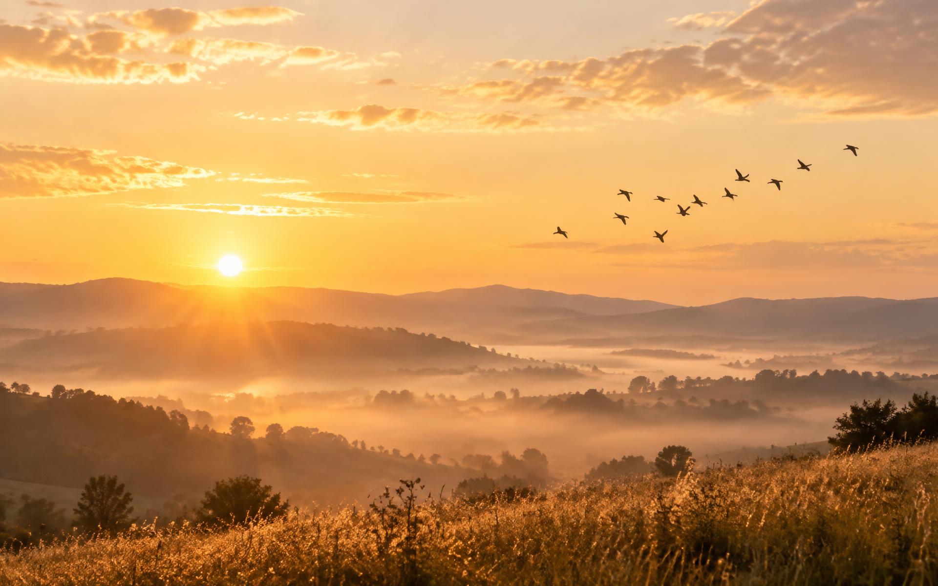 Amanecer dorado sobre colinas con aves al alba